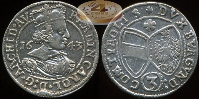 Священная Римская империя. Грошен. 1643 (aXF. Серебро)