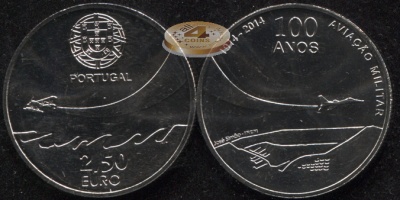 Португалия. 2.5 евро. 2014 (Unc) Даты и Личности в истории Португалии. 100 лет военной авиации