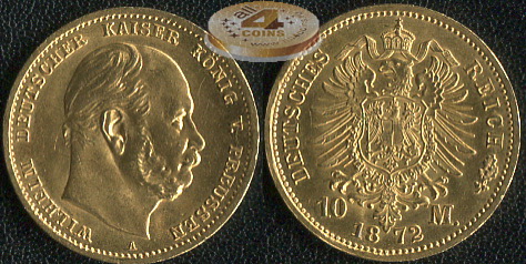 Германия (Пруссия). 10 марок. 1872 A (aUnc/Unc. Золото)