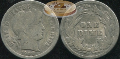 США. 10 центов (Дайм). 1908 (AG. Серебро)