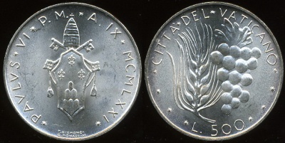 Ватикан. 500 лир. 1975 (Unc. Серебро)