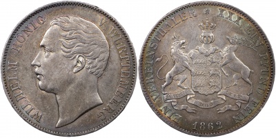 Германия [Вюрттемберг]. Монета 1 союзный талер. 1862 (AKS.77 / KM#601. XF+. Серебро) Монетная конвен