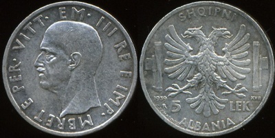Албания. 5 лек. 1939R (XF+. Серебро)
