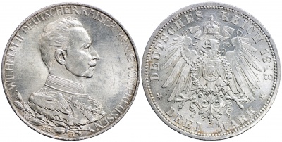 Германская империя [Пруссия]. Монета 3 марки. 1913.A (J.112 / KM#535. Unc. Серебро) 25 лет правления