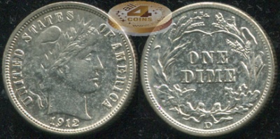 США. 10 центов (Дайм). 1912.D (Unc. Серебро)