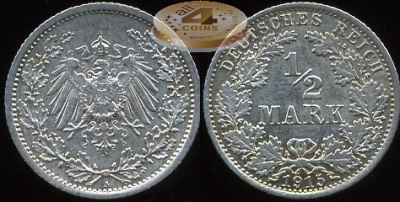 Германия (Кайзер Райх). 1/2 марки. 1915 (A) (XF+. Серебро)