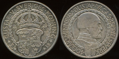 Швеция. 2 кроны. 1921 W (aUnc. Серебро)