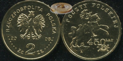 Польша. 2 злотых. 2008 (Unc) 450 лет почте Польши