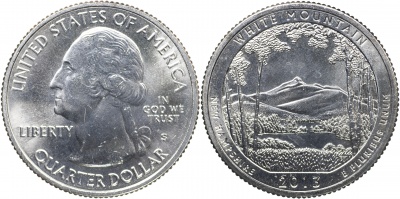 США. Монета 25 центов [Квотер]. 2013.S (KM#542. Unc) White Mountain [New Hampshire]