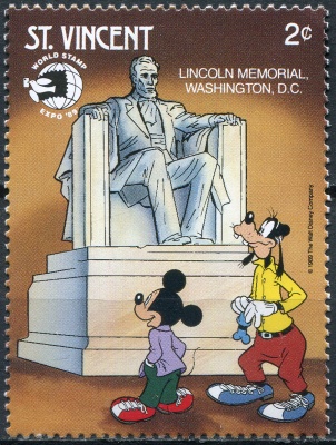 Сент-Винсент. 1989. Диснеевские персонажи. Мемориал Линкольна, Вашингтон (Почтовая марка. MNH OG)