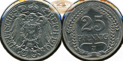 Германия (Кайзер Райх). 25 пфеннигов. 1910 J (XF+)