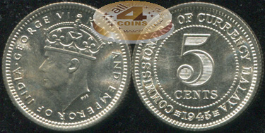 Британская Малайя. 5 центов. 1945 (Unc. Серебро)