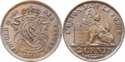 Бельгия. Монета 2 сантима. 1909 (KM#35.1. Unc)
