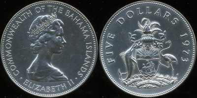 Багамские о-ва. 5 долларов. 1973 (Unc. Серебро)