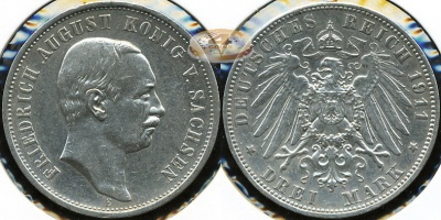 Германия (Саксония). 3 марки. 1911 E (VF+. Серебро)