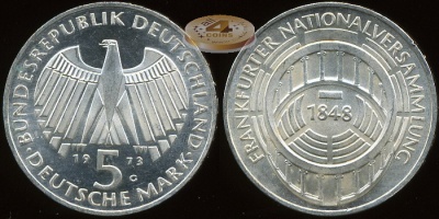 Германия (ФРГ). 5 марок. 1973 (Proof-. Серебро)