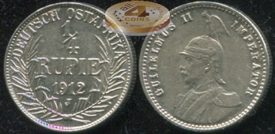 Германская восточная Африка. 1/4 рупии. 1912.J (XF. Серебро)