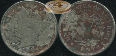 США. 5 центов. 1904 (VF. тонированная)