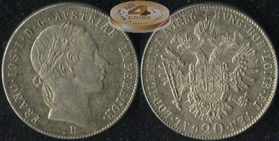 Австрийская империя. 20 крейцеров. 1856.B (aUnc+. Серебро)