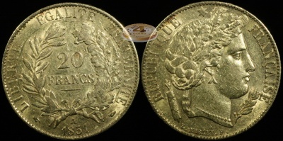 Франция. 20 франков. 1851 (VF+. Золото)