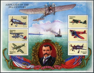 Танзания. 1998. Луи Блерио (1872-1936), первый пилот, перелетевший Ла-Манш (Малый лист. MNH OG)