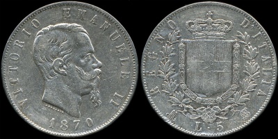 Италия. 5 лир. 1870 (VF+. Серебро)