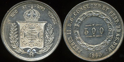 Бразилия. 500 рейс. 1860 (Unc. Серебро)