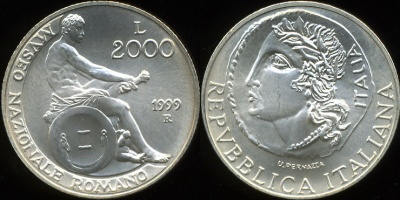Италия. 2000 лир. 1999 (Unc. Серебро)