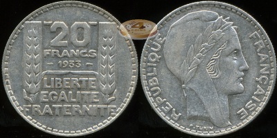 Франция. 20 франков. 1933 (XF. Серебро)