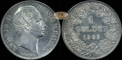 Германия (Бавария). 1 гульден. 1865 (XF. Серебро)