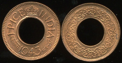 Британская Индия. 1 пайса. 1943-1945 (Unc)
