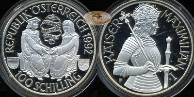 Австрия. 100 шиллингов. 1992 (Proof. Серебро)
