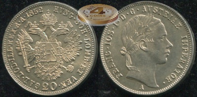 Австрия (Австрийская империя). 20 крейцеров. 1852.A (Unc. Серебро)