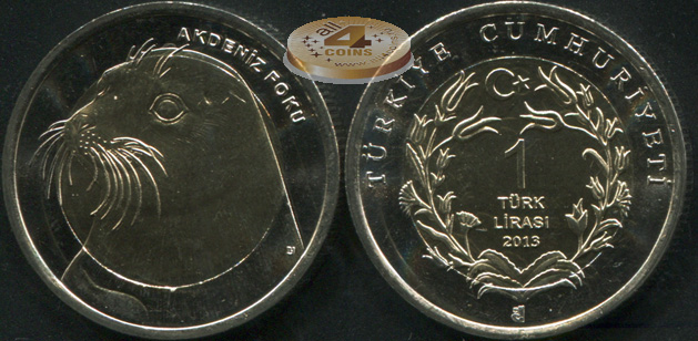 Турция. 1 лира. 2013 (Unc. Биметалл) Белобрюхий тюлень