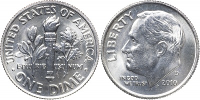США. Монета 10 центов [Дайм]. 2010.D (KM#195a. Unc) Roosevelt Dime