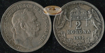 Австро-Венгрия (Венгрия). 2 короны. 1913 (XF/XF+. Серебро)