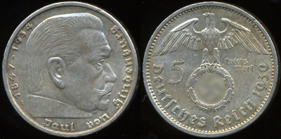Германия (3й рейх). 5 рейхсмарок.1939 (A) (aUnc)