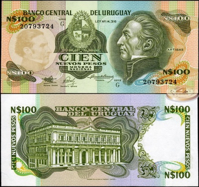 Уругвай. Банкнота 100 новых песо. ND(1987). Unc. Бумага. Кат# P.62Aa