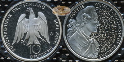 Германия (ФРГ). 10 марок. 1999 A (Proof. Серебро)