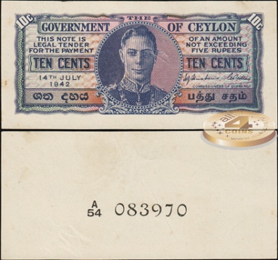 Британский Цейлон. 10 центов (Unc) 1942