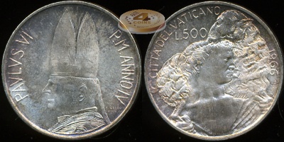 Ватикан. 500 лир. 1966 (Unc. Серебро)