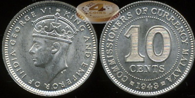 Британская Малайзия. 10 центов. 1943 (Unc. Серебро)
