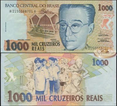 Бразилия. Банкнота 1000 крузейро реалов. ND(1993). Unc. Бумага. Кат.# P.240a