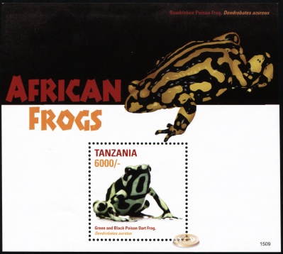 Танзания. 2016. Красящий древолаз [Dendrobates auratus] (Блок. MNH OG)