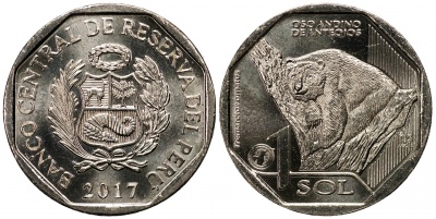 Перу. Монета 1 соль. 2017 (KM#403. Unc) Очковый медведь (Tremarctos ornatus)