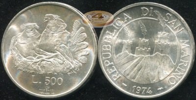 Сан-Марино. 500 лир. 1974 (Unc. Серебро)