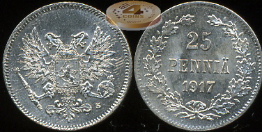 Финляндия (Российская). 25 пенни. 1917 (XF+. Серебро)
