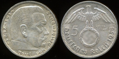 Германия (3й рейх). 5 рейхсмарок. 1938(G) (aUnc)