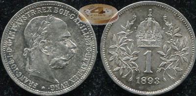 Австро-Венгрия (Австрия). 1 крона. 1893 (aUnc++. Серебро)