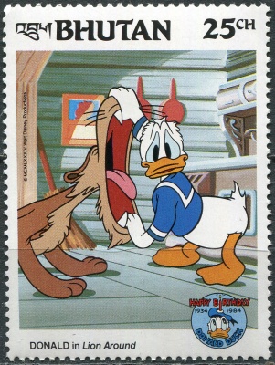 Бутан. 1984. Дональд в фильме "Лев вокруг" (Почтовая марка. MNH OG)